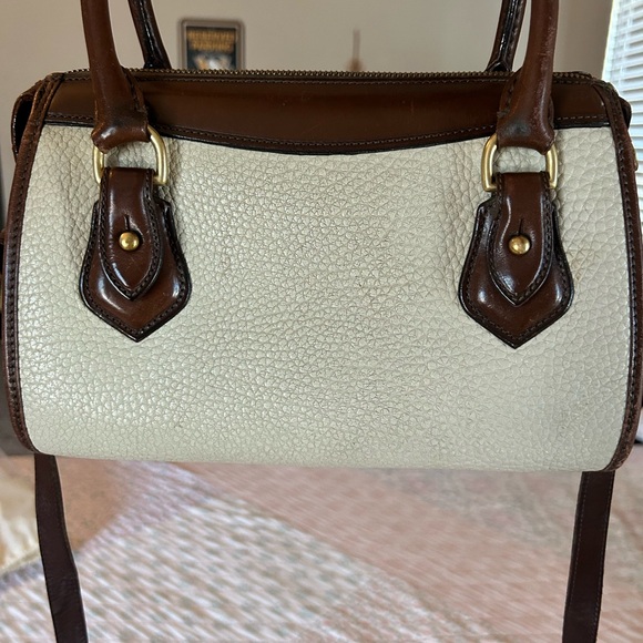 Vintage 80s Dooney & Bourke All Weather Leather Boston Satchel Bag, Cream & Brwn - Picture 6 of 16